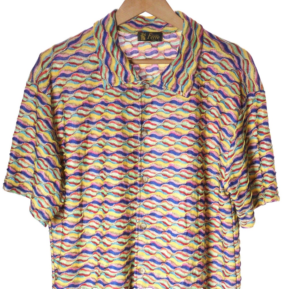 Farentino Ferre Coogi Style 3D Knit Men‎ Shirt Colorful Italy Cotton Blend L